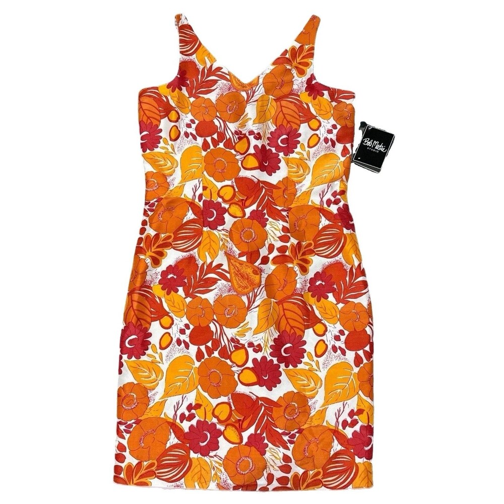 Bob Mackie Studio Silk Dress Womens 4 Orange Red Floral Midi Retro Mod NWT